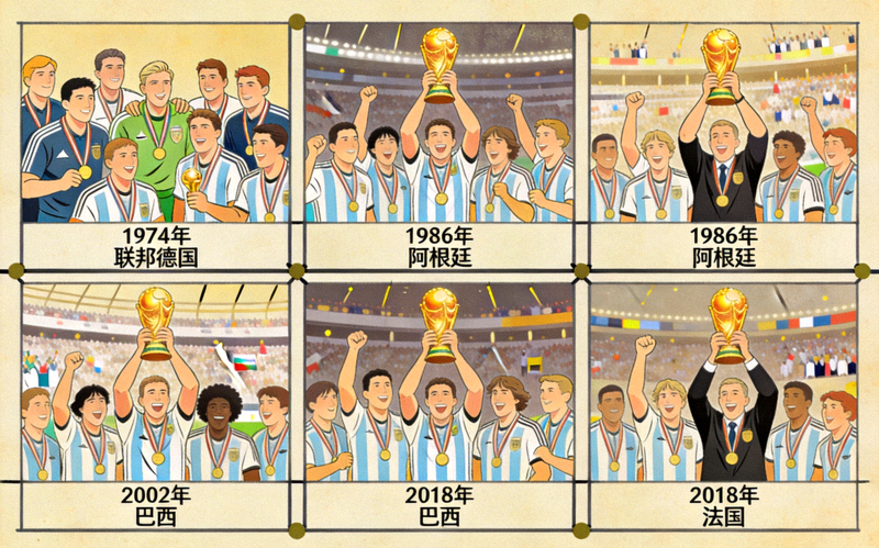 历届世界杯冠军球队捧起大力神杯的历史性时刻合集