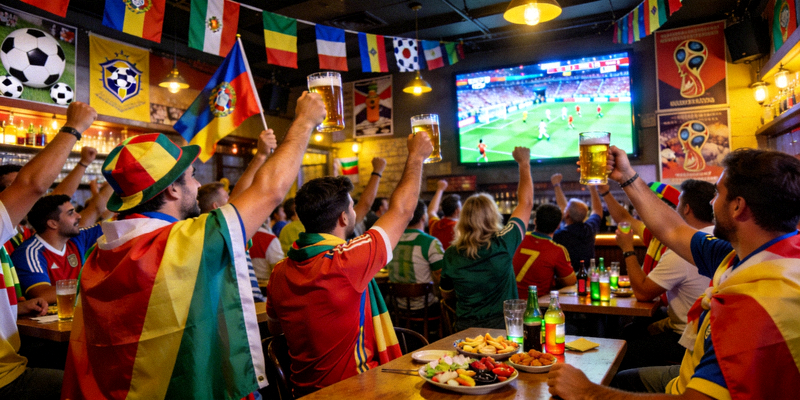 体育酒吧内众多球迷聚集观看世界杯比赛直播的热闹场景